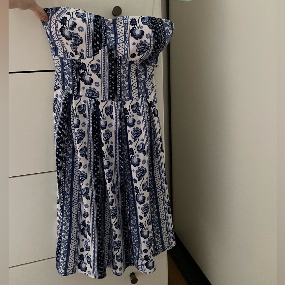 Blue and White Strapless BoHo Dress